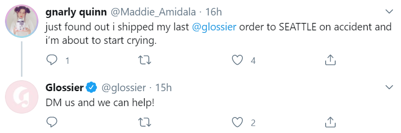 Glossier's social media response time is oftentimes under an hour