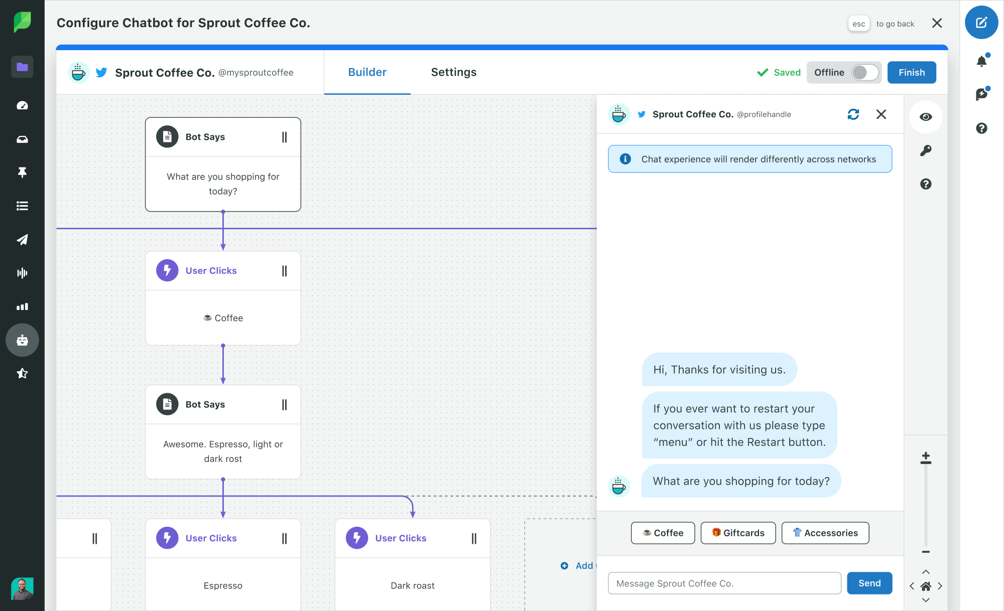 A screenshot of the Sprout Social Bot Builder workflow with the preview window open. 