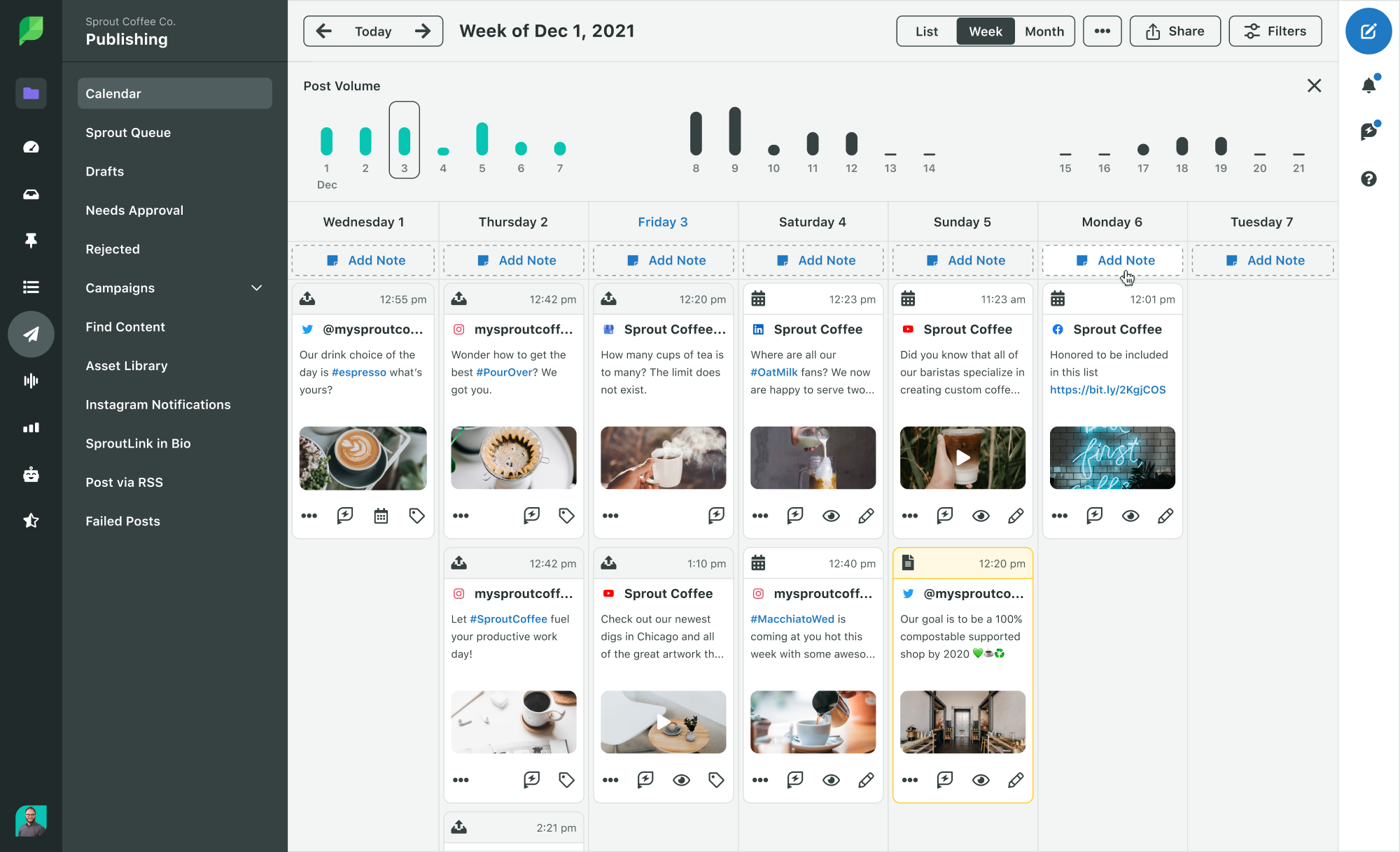 A screenshot of Sprout Social's Publishing Calendar. In the image, you can see a weekly view of upcoming social content, including YouTube videos.