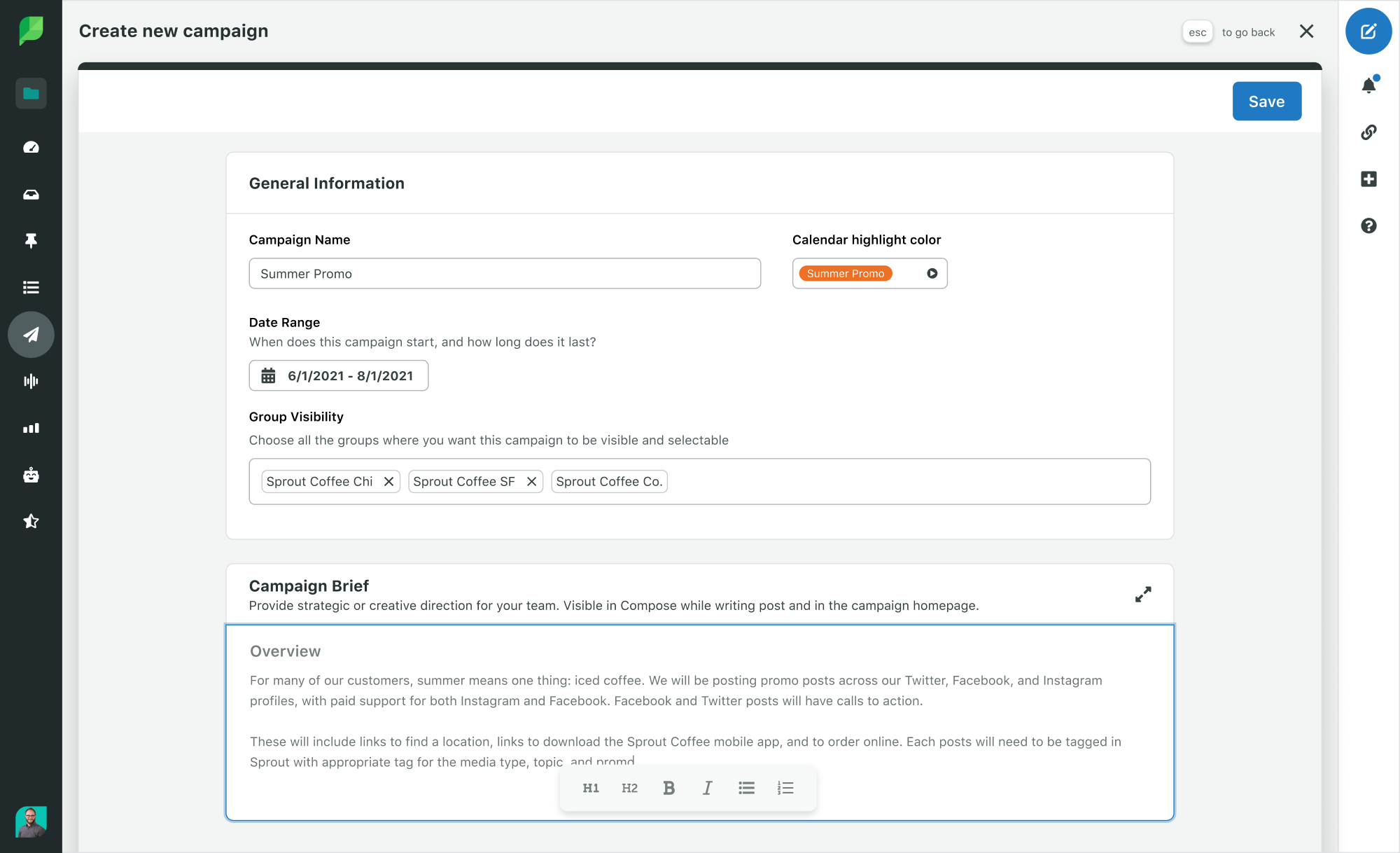 Screenshot of the Sprout Social social media campaign planning outline and brief.