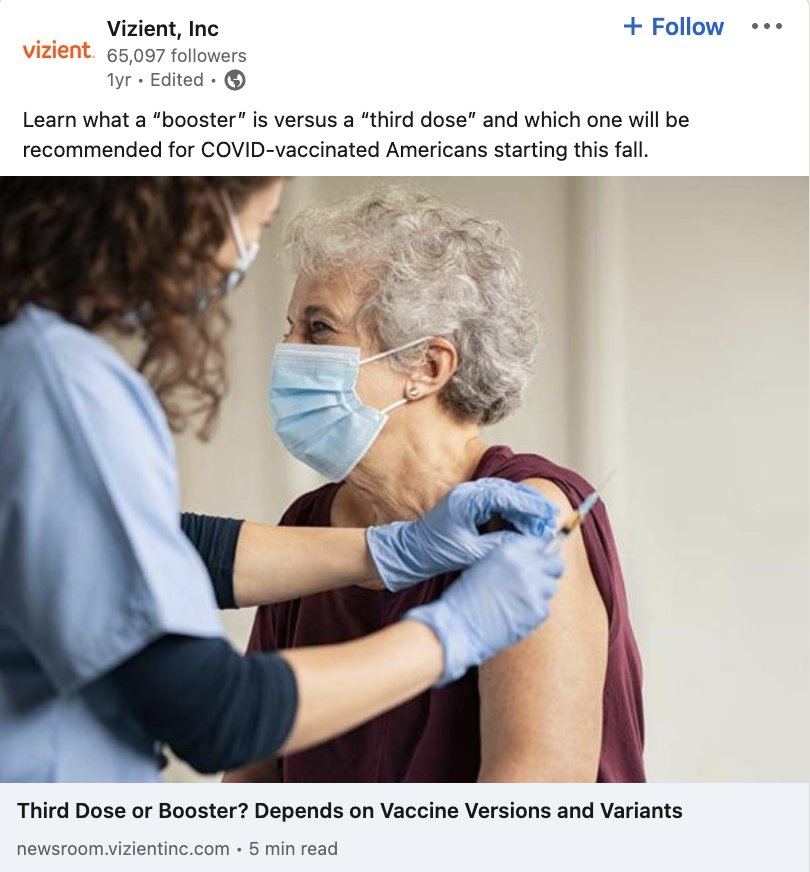 A screenshot of a Vizient LinkedIn post about the COVID booster