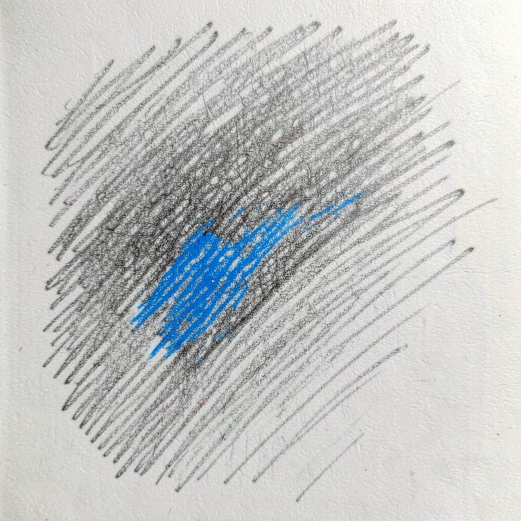 Graphite pencil sketch of a speech bubble with a small pencil icon inside, drawn in soft gray lines with a focused writing mood