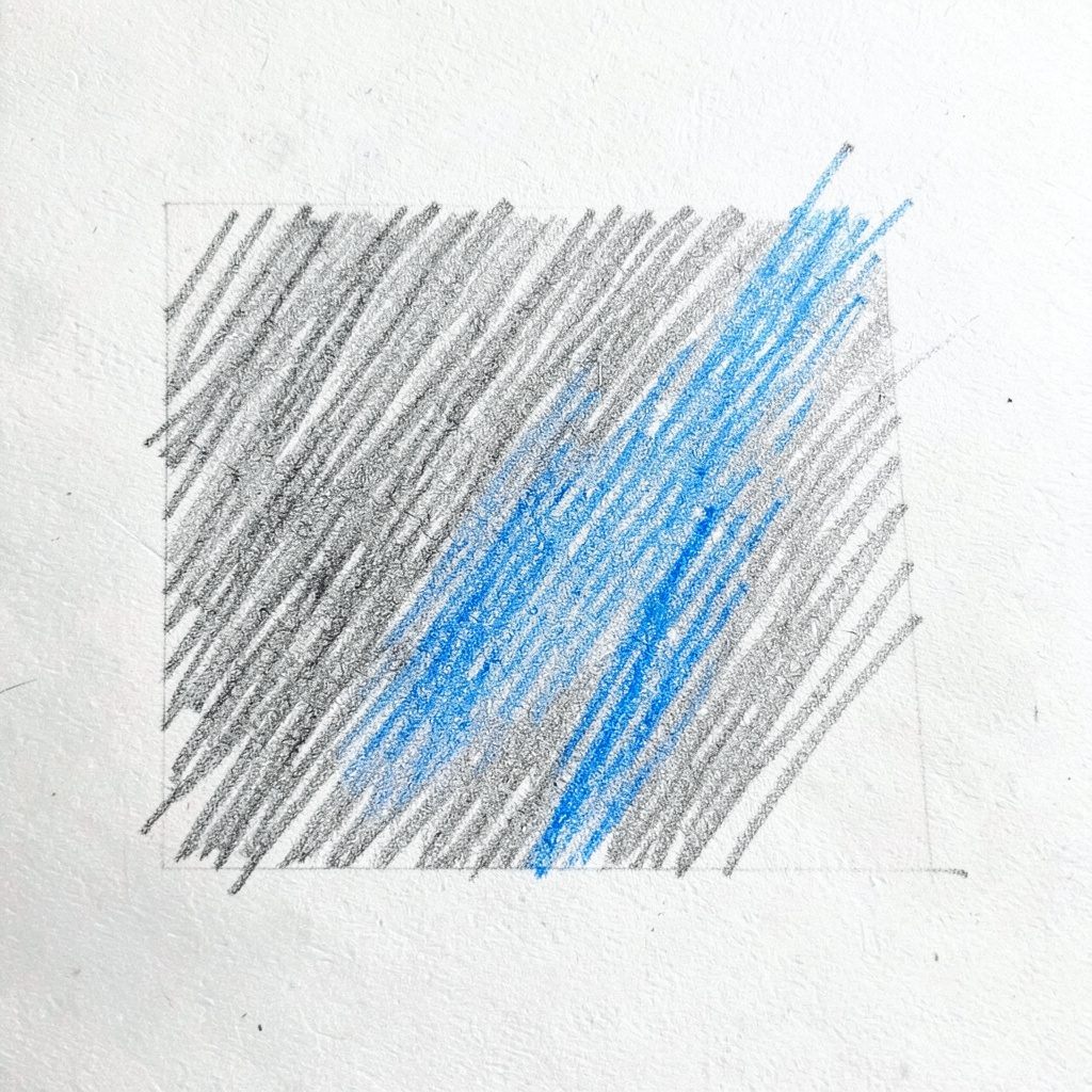 Hand-drawn graphite pencil illustration of an open notebook with stacked guidebooks on a desk, soft gray shading and warm cream background