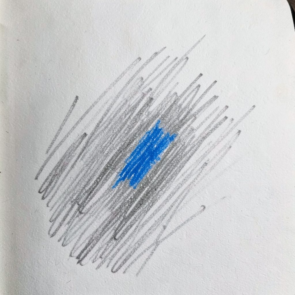 A graphite pencil sketch of a brand sentiment gauge and trend chart, soft sky and slate colors with a confident, brand-aware mood.