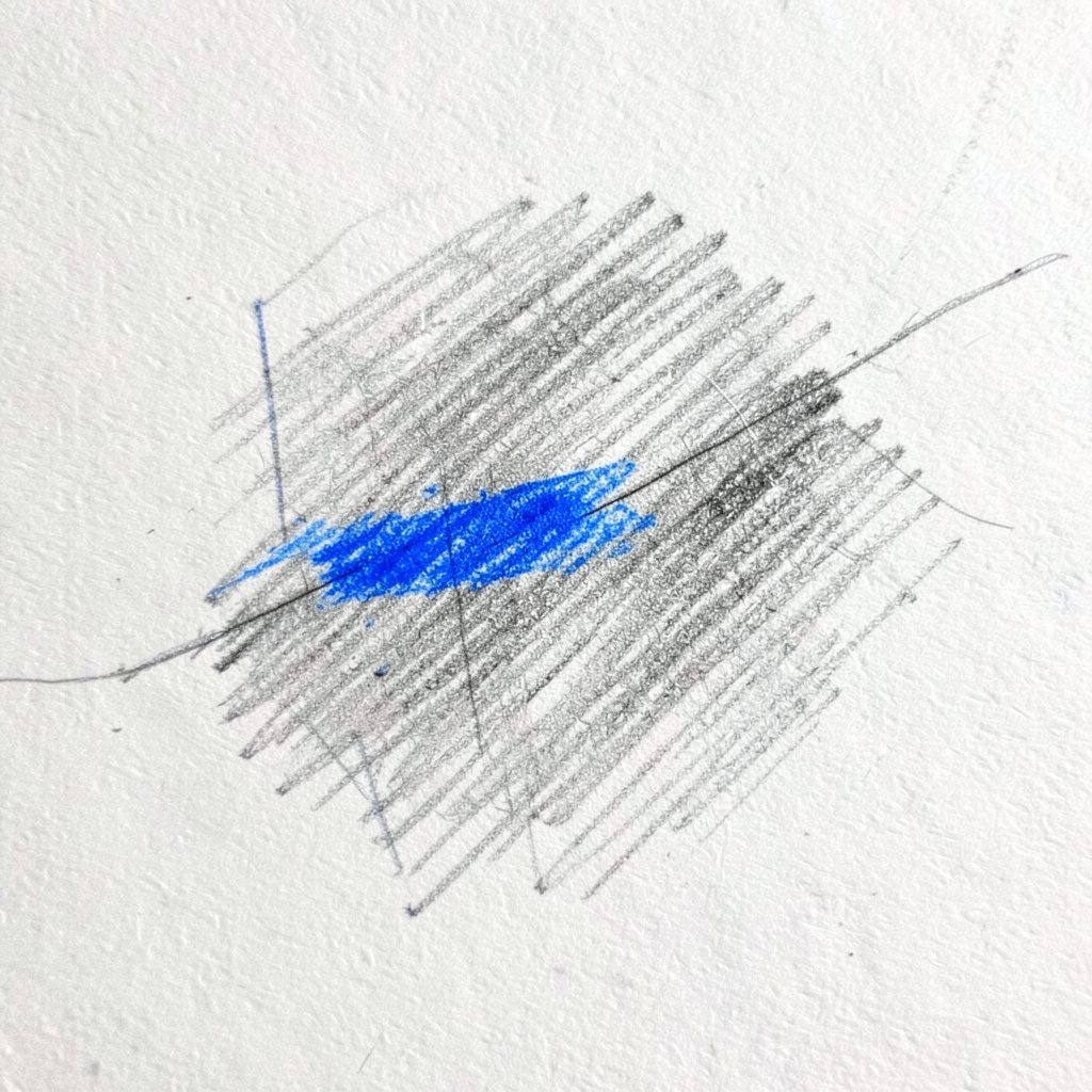 Graphite pencil sketch of a desktop analytics dashboard with charts and tag filters in muted indigo and teal.