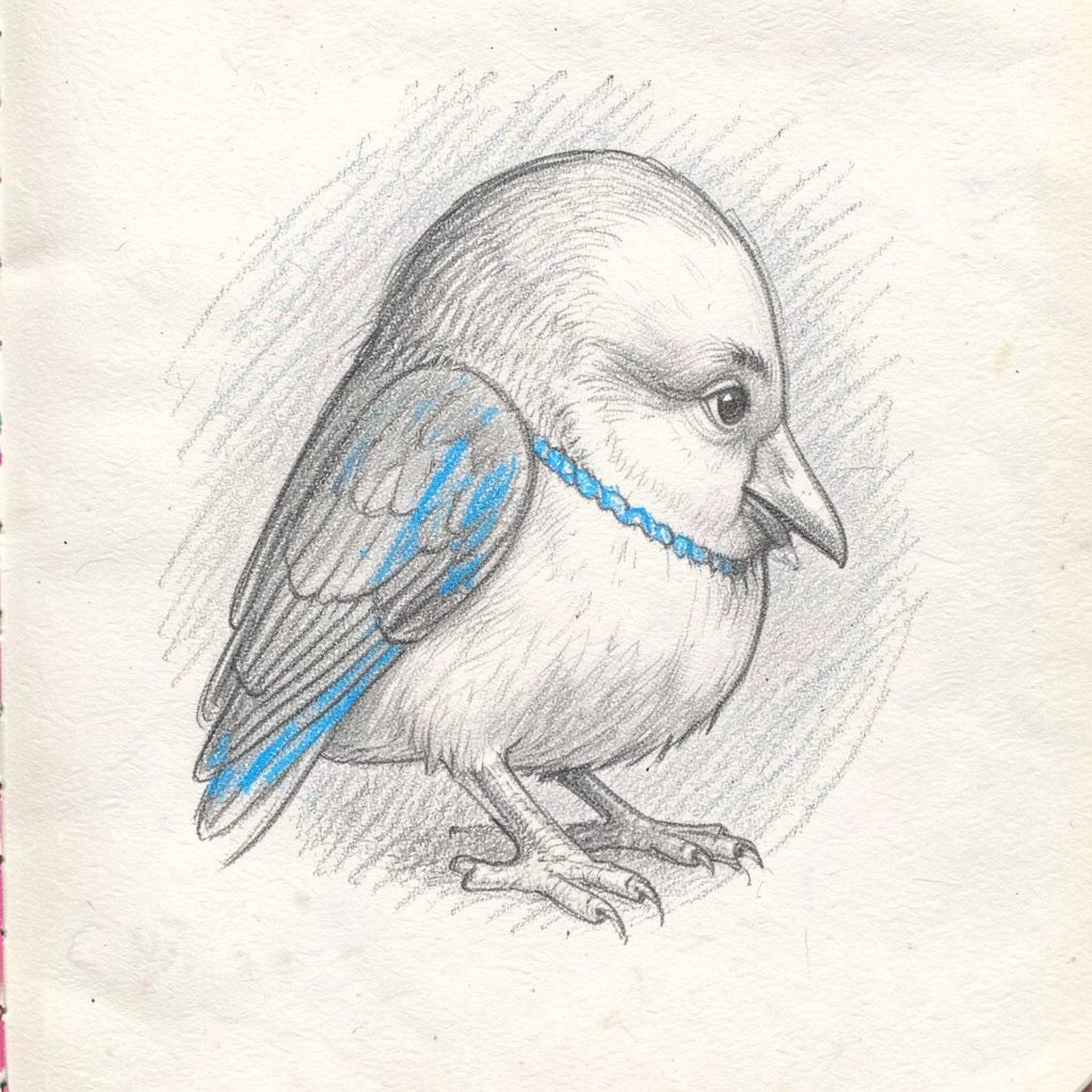 A graphite pencil sketch of a performance sentiment summary card, gentle steel-blue and cream tones with a calm, report-ready mood.