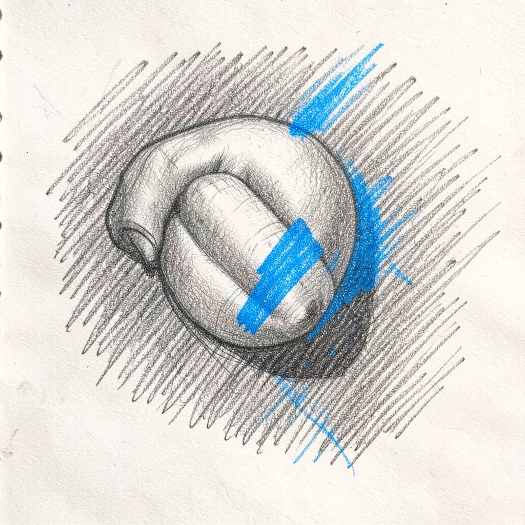 Pencil sketch of a scheduling calendar with rounded tiles in muted indigo and sky blue tones, feeling modern and orderly.